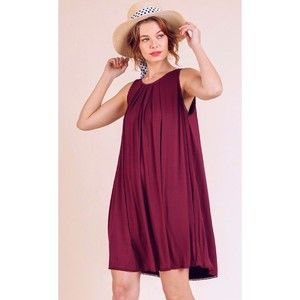 New UMGEE S M Merlot Sleeveless Round Neck Shift Dress Crochet Trim Pintuck